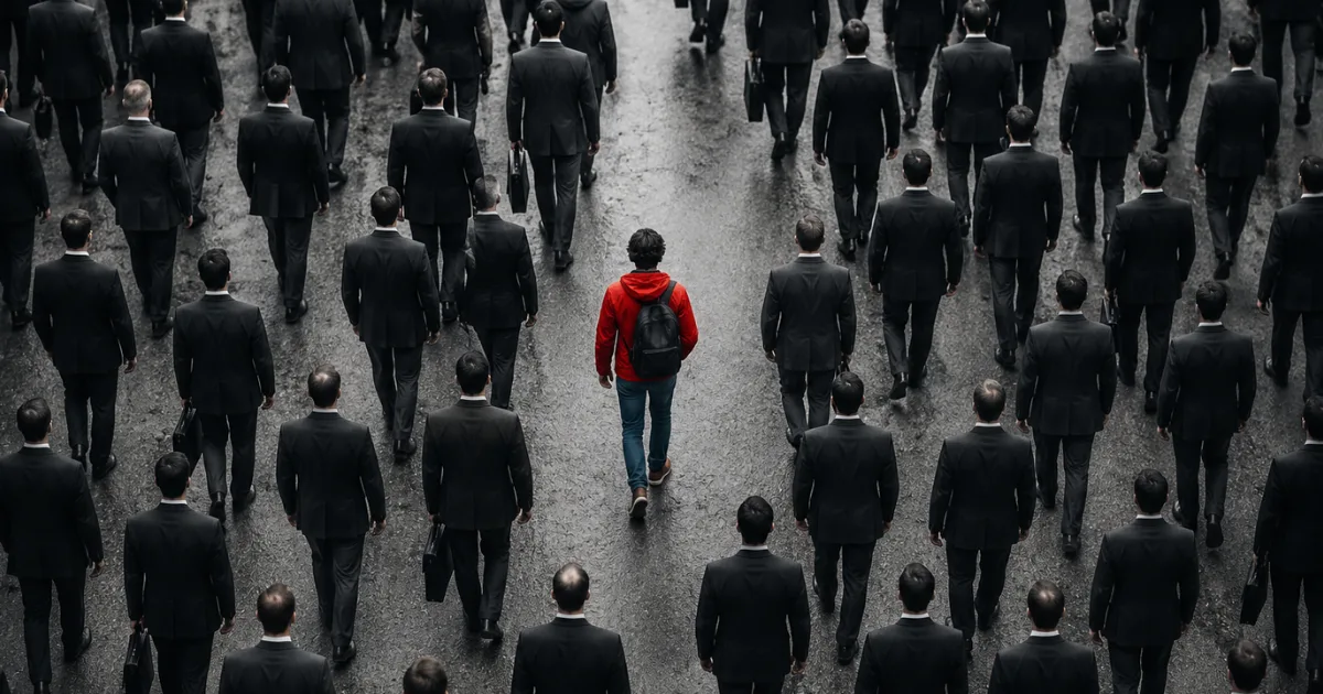 A crowd of identical people in gray suits walking one direction while one person walks the opposite way in color