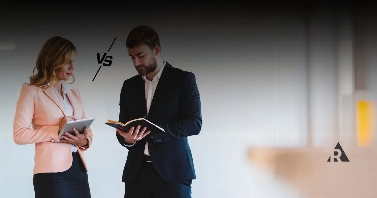 two business people together with a V/S between the two