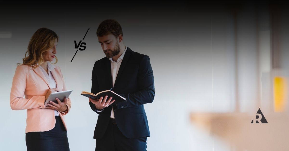 two business people together with a V/S between the two