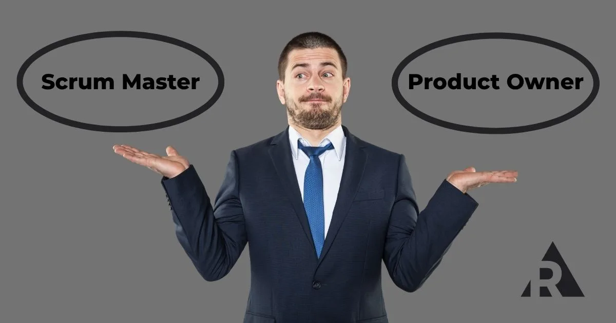 Man balancing Scrum Master and Product Owner roles with hands raised.