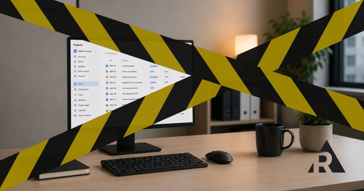 Computer with caution tape over it