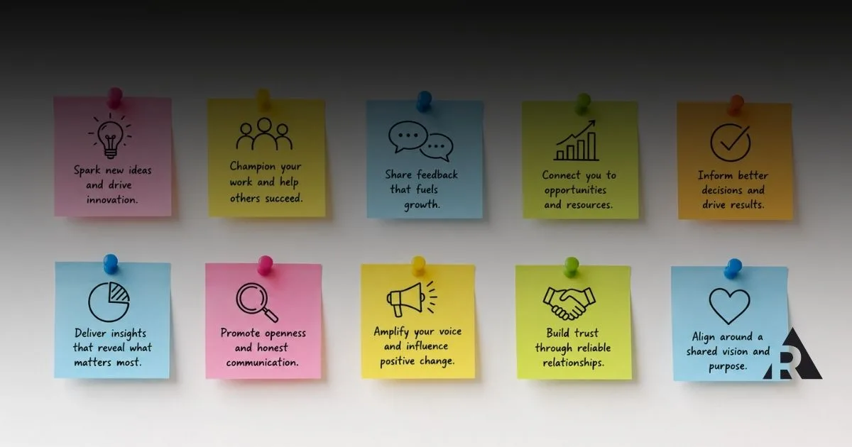 Stakeholder-focused sticky notes on a white background.