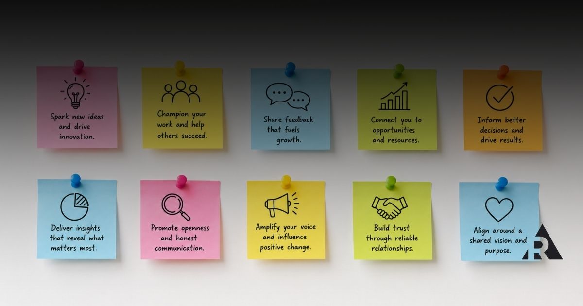Stakeholder-focused sticky notes on a white background.