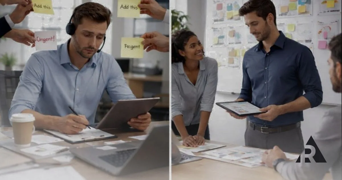 Split screen of a Product Owner taking orders and then making decisions