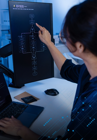 women working with scrum and AI on computer
