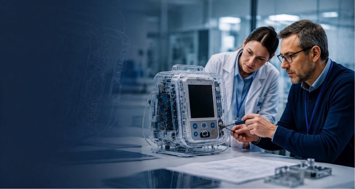 Two people working on medical device