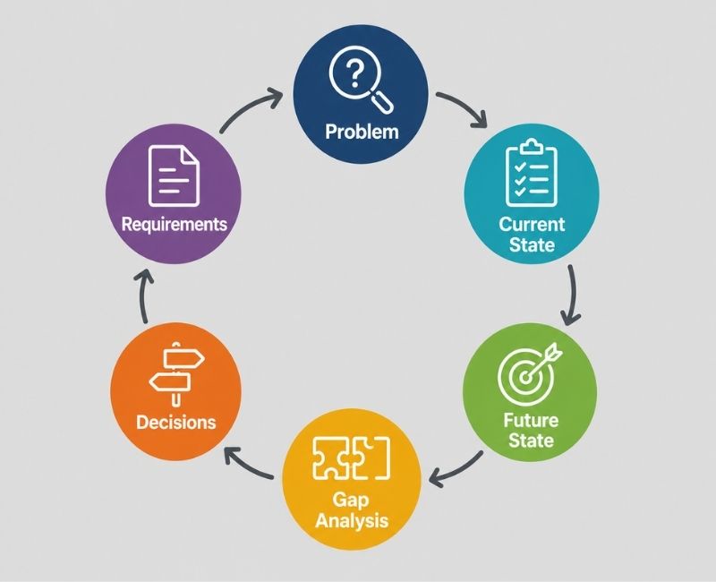 Business analysis process from problem through current state, future state, gap analysis, decisions, and requirements