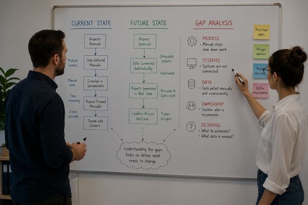 Team using current and future states to create clear business requirements