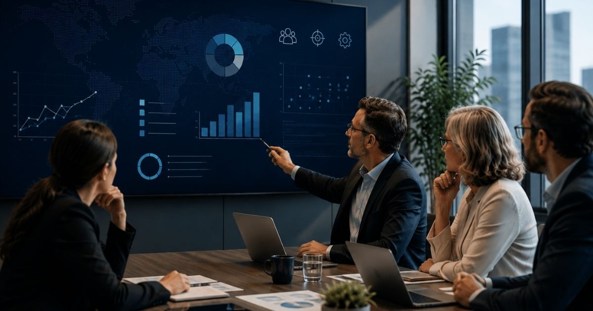 Business leaders reviewing charts and data while developing an AI strategy for business